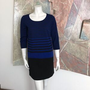 Ann Taylor Blue Black Striped Shift Dress SZ Small